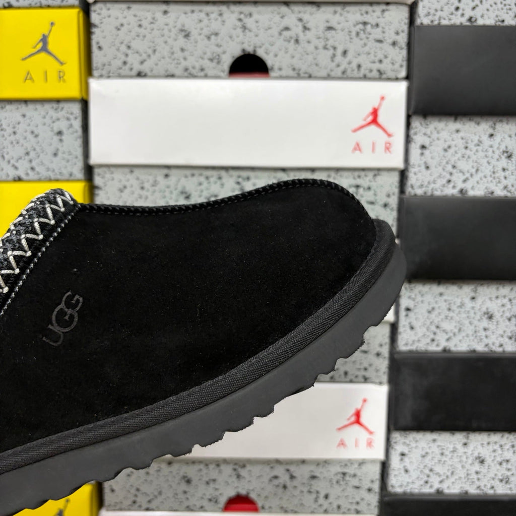 UGG Tasman Slip-On Slipper – Suede Moccasin with Shearling Lining, Black & White Woven Collar & Grey Lug Sole in Black