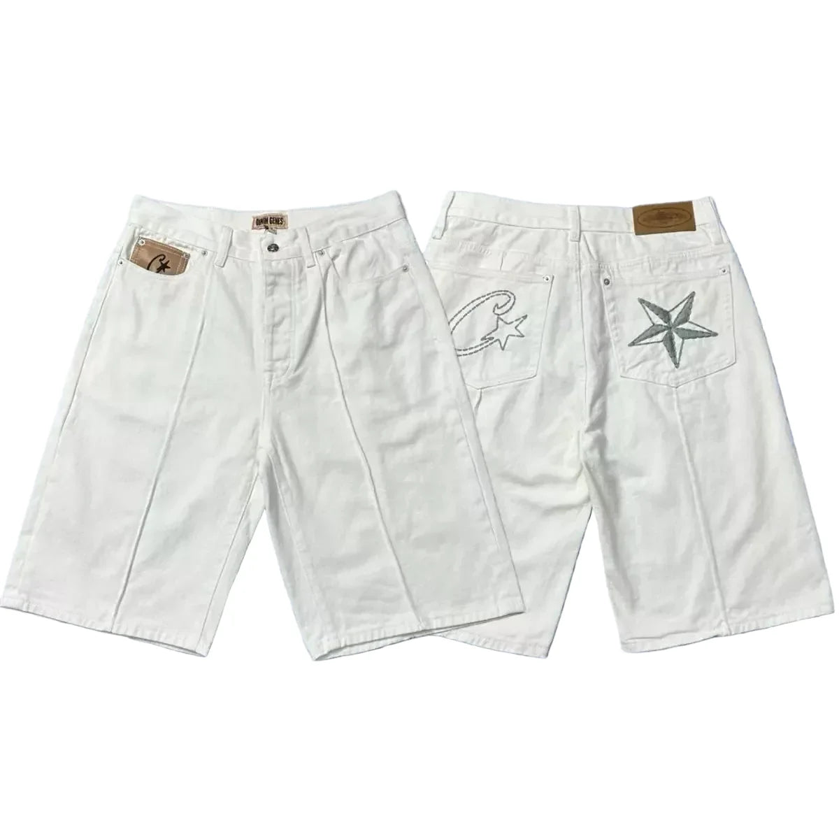 Corteiz Back Star Embroidery Heavyweight Denim Shorts - White