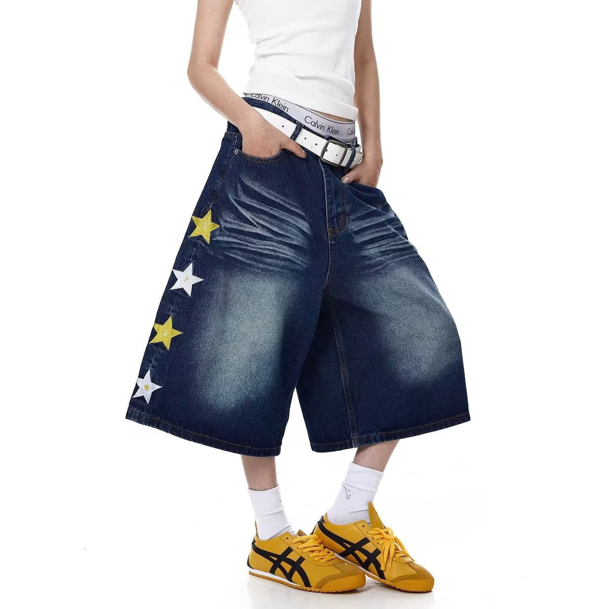 Y2K Vintage Graphic Embroidered Baggy Denim Long Shorts Streetwear
