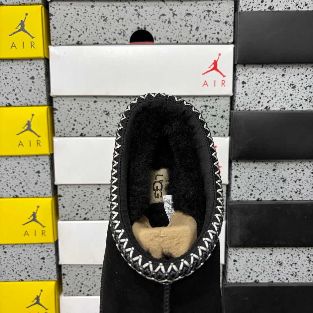 UGG Tasman Slip-On Slipper – Suede Moccasin with Shearling Lining, Black & White Woven Collar & Grey Lug Sole in Black