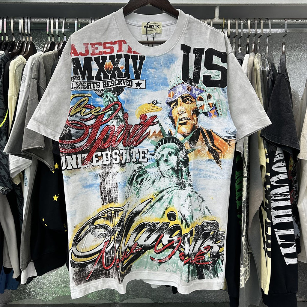 MAJESTIK Liberty Statue Rhinestone Graphic T-Shirt