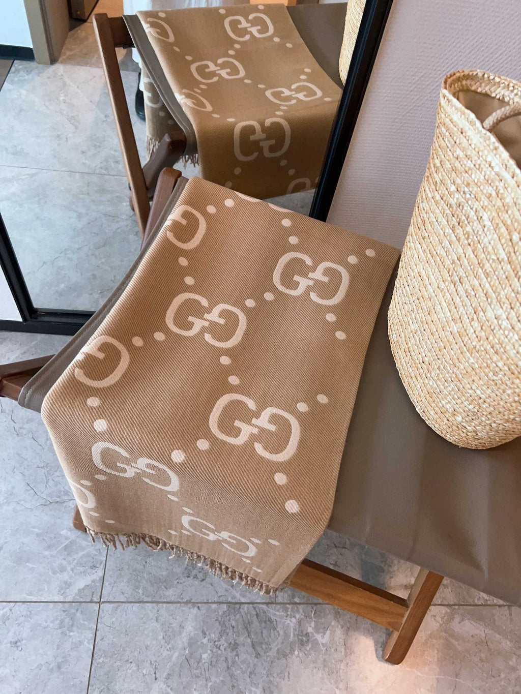 Gucci Camel Brown and Ivory Fringed Scarf