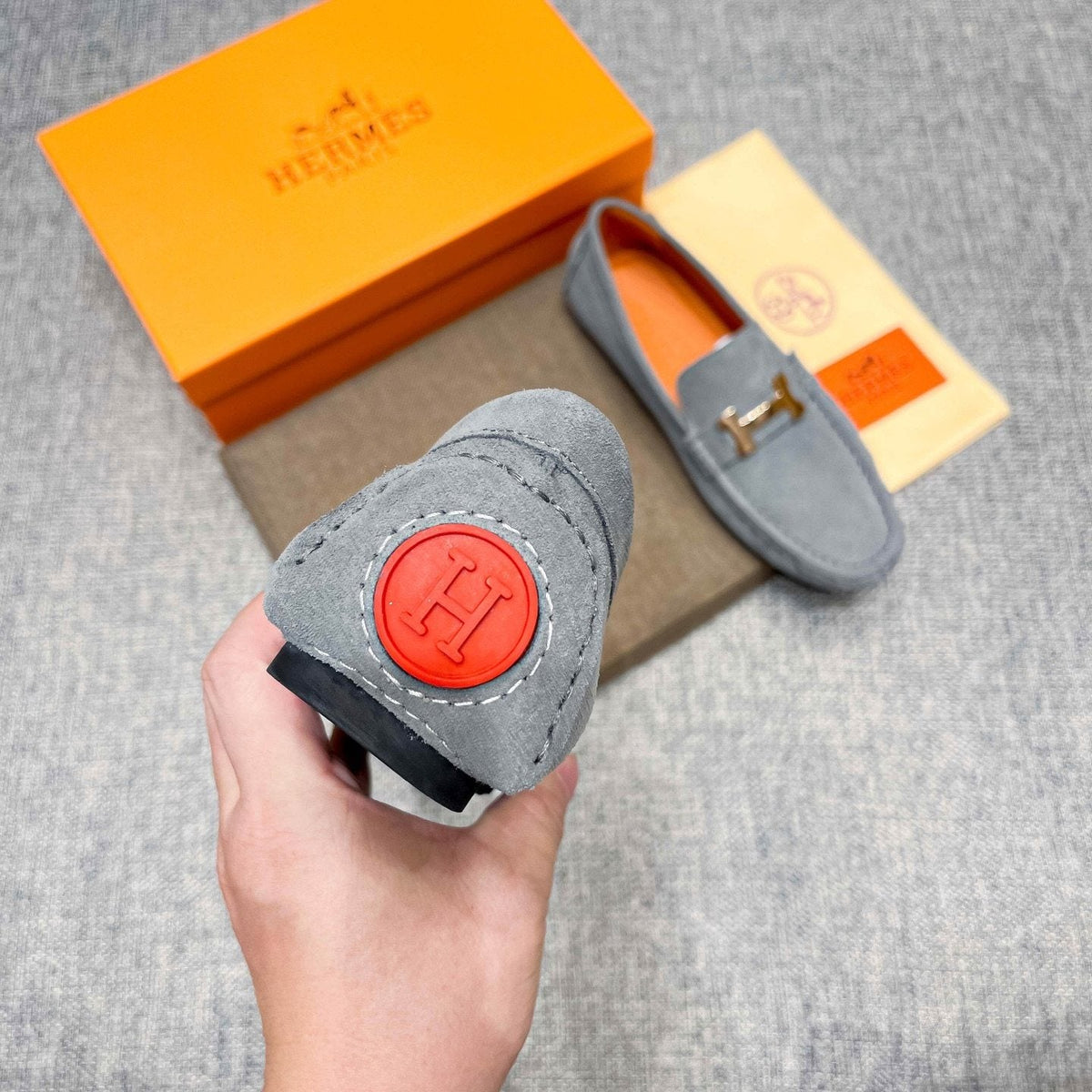 Hermès Men's Light Gray Suede Driving Loafers