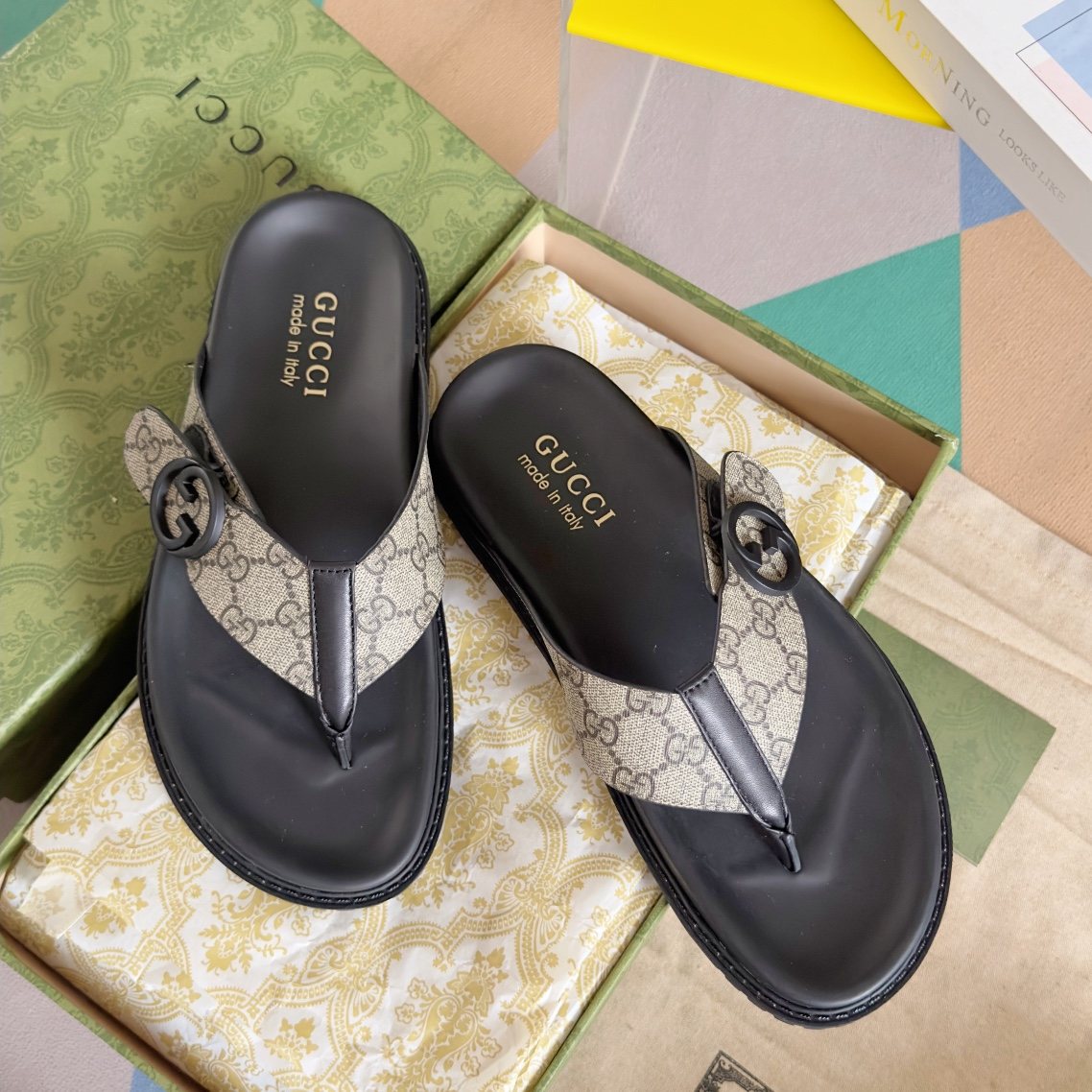 Gucci Monogram Thong Sandals - Black and Beige Monogram