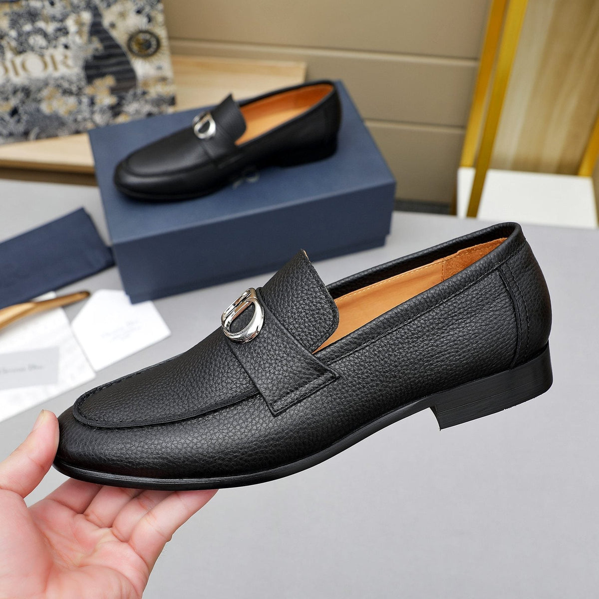 Dior Black Pebbled Leather Loafers