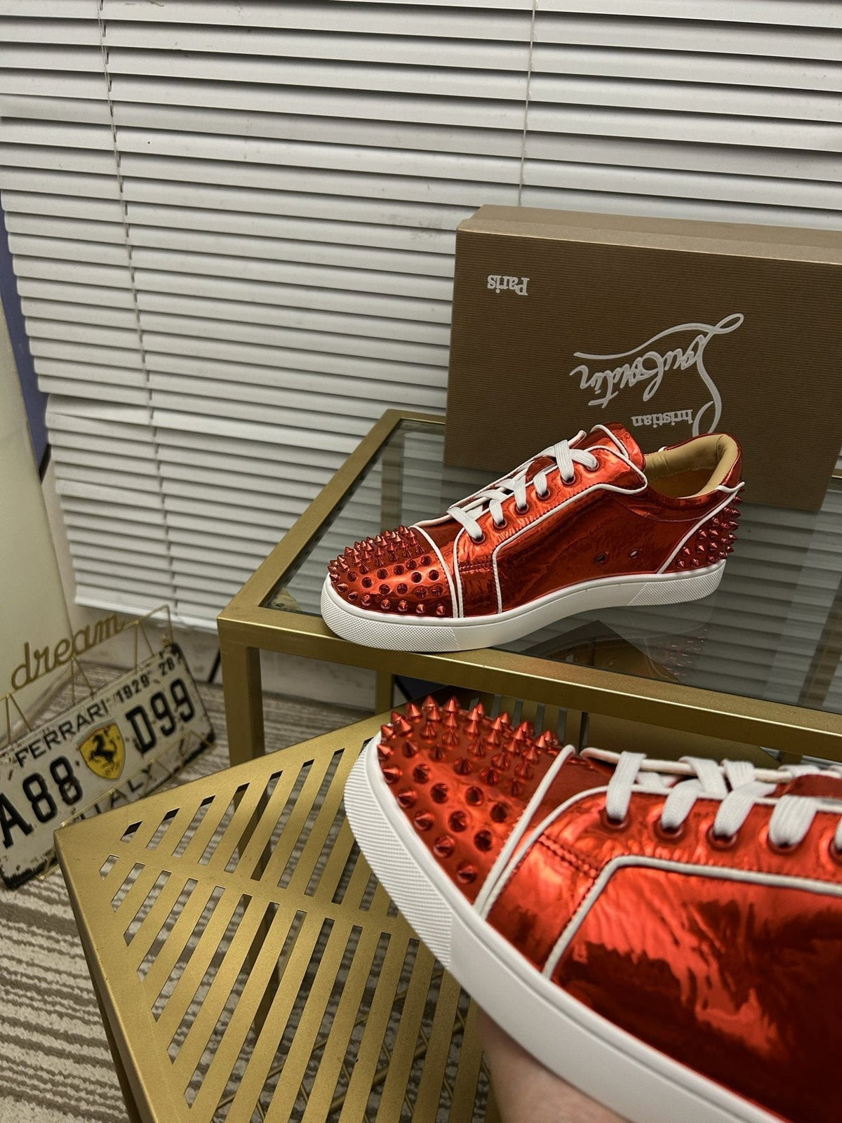 Christian Louboutin Metallic Red Studded Sneakers