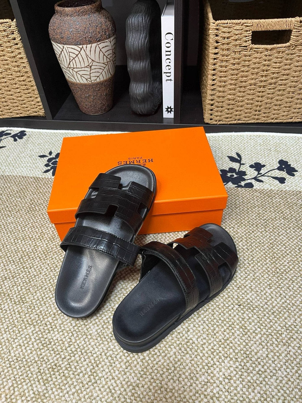 Hermes Men's Kazimir Black Slide Sandals