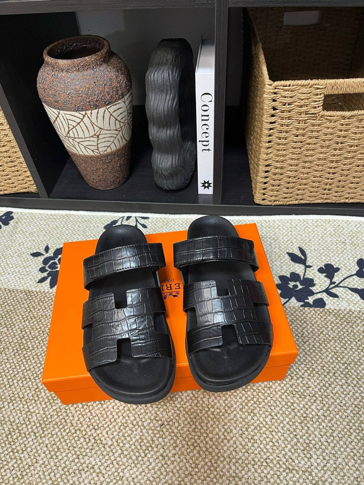 Hermes Men's Kazimir Black Slide Sandals