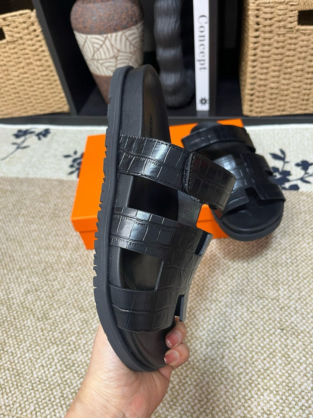 Hermes Men's Kazimir Black Slide Sandals