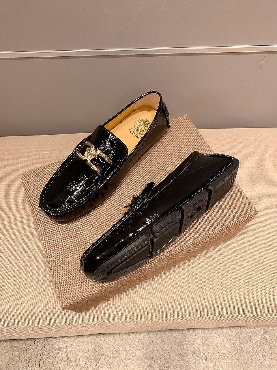Versace Men's Black Medusa Loafers - Tan Leather Lining