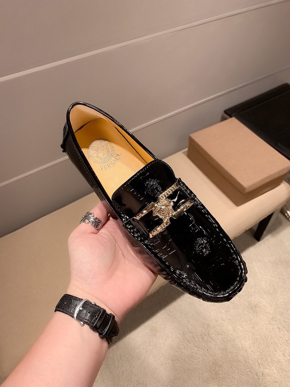 Versace Men's Black Medusa Loafers - Tan Leather Lining