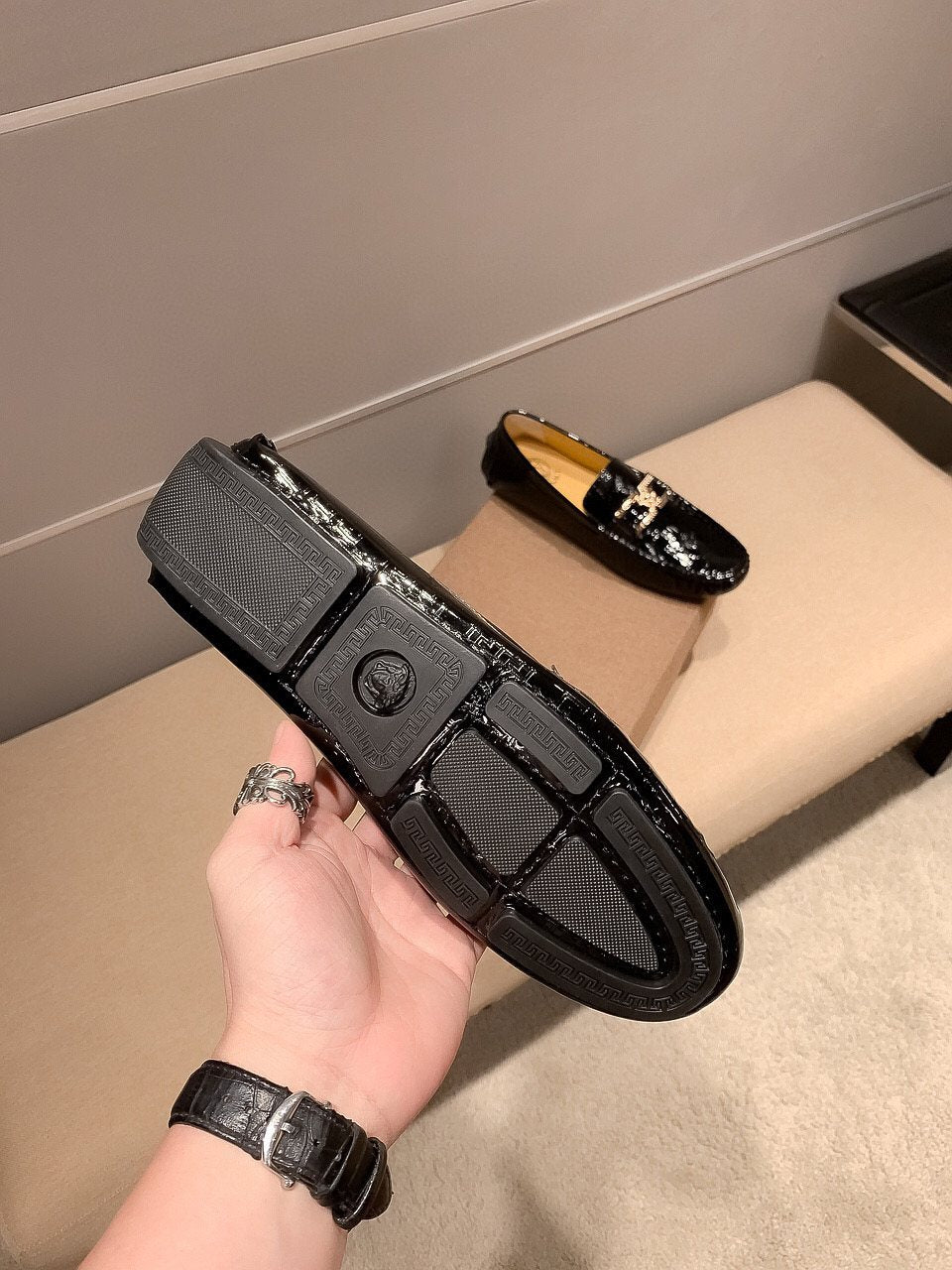 Versace Men's Black Medusa Loafers - Tan Leather Lining