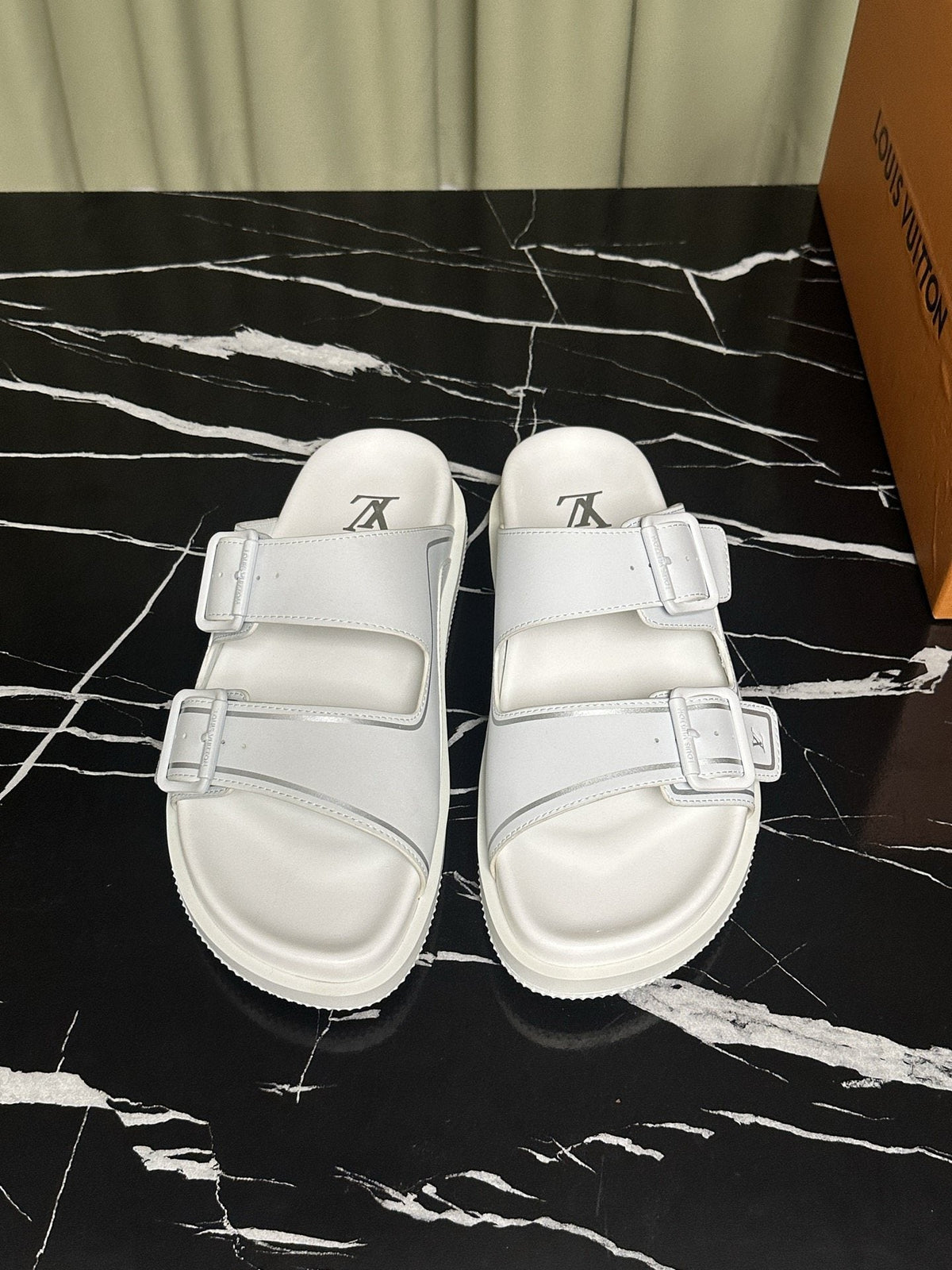 Louis Vuitton Men's White Double-Buckle Slide Sandals