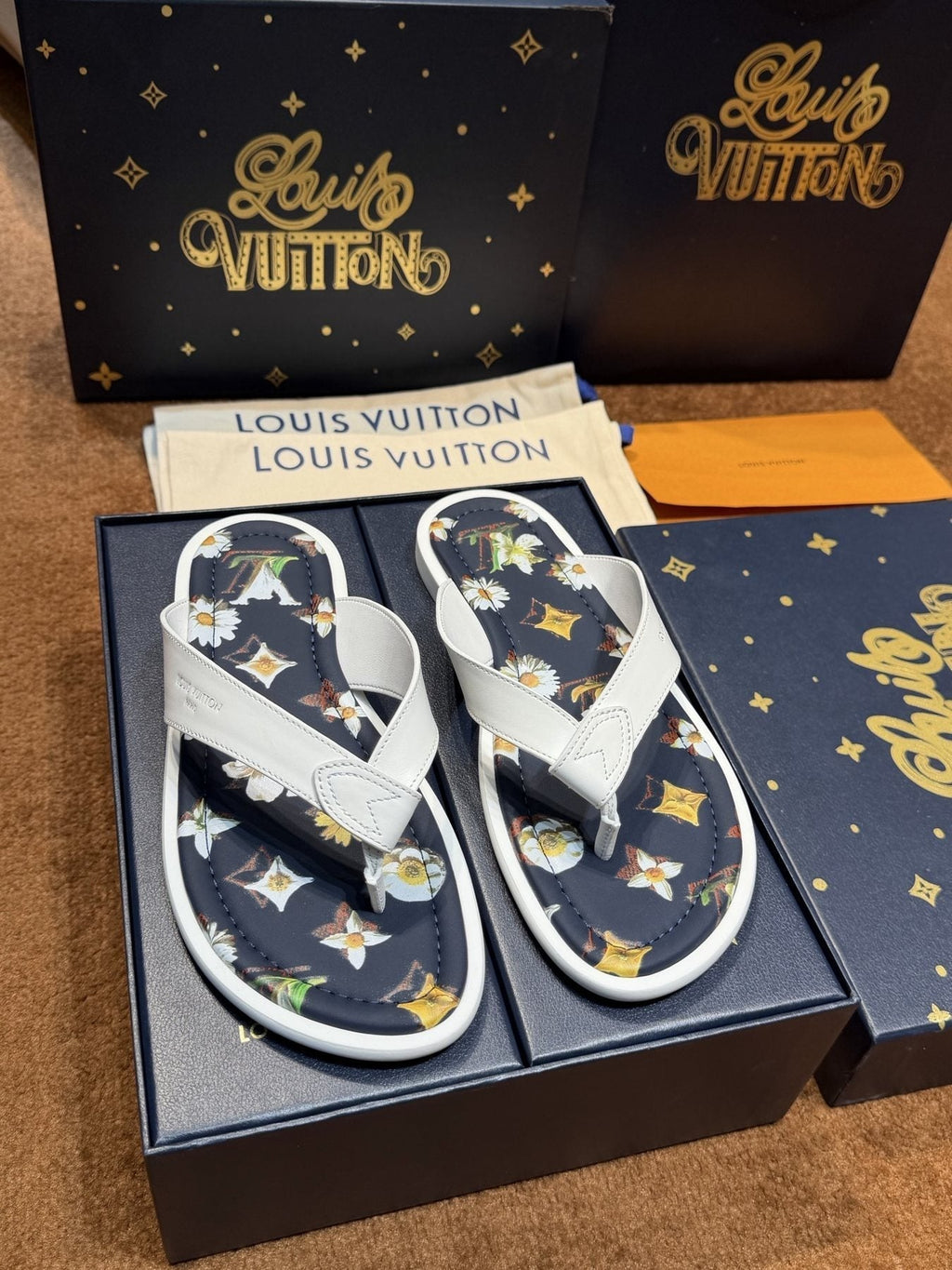 Louis Vuitton White & Navy Floral Flip-Flops
