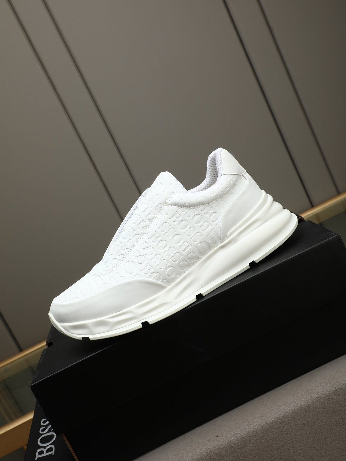 BOSS White Embossed Low-Top Sneakers