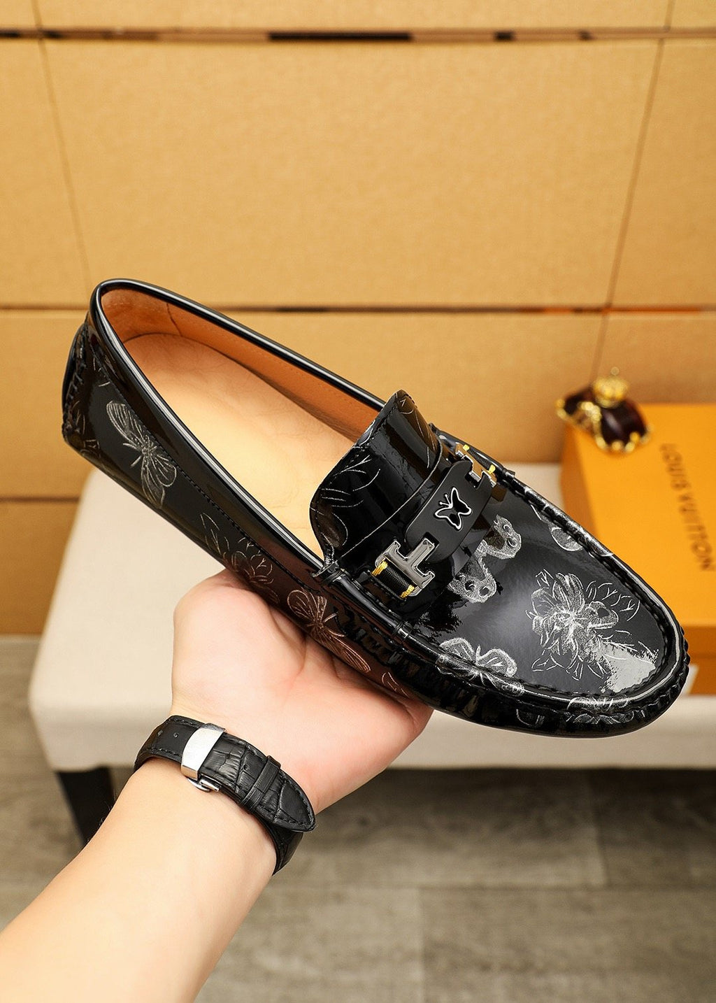 Louis Vuitton Black Floral-Embossed Buckle Loafers