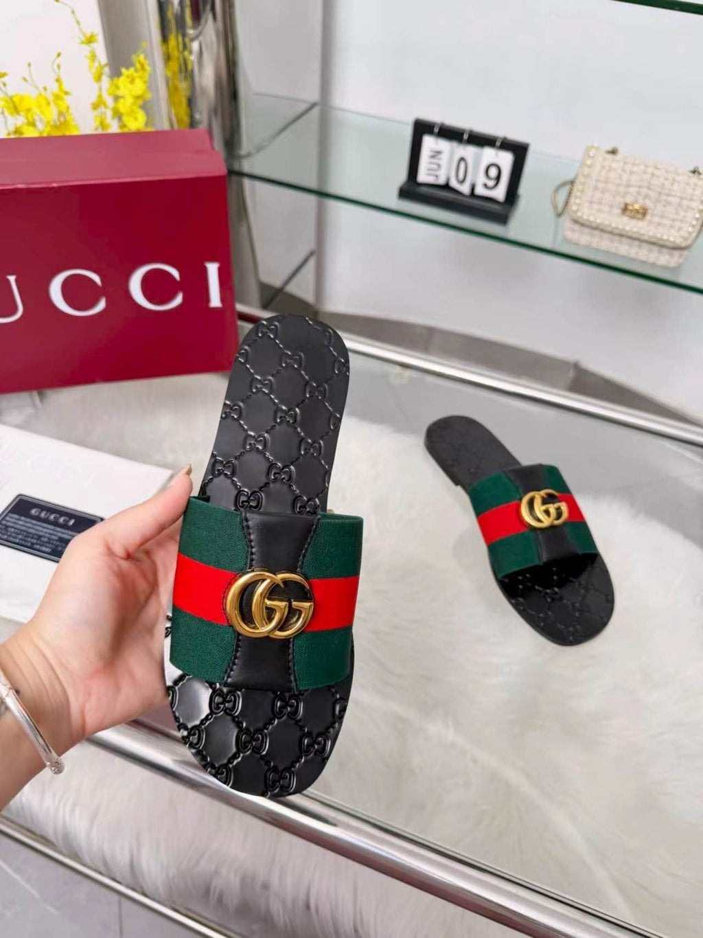 Gucci Black Striped Strap Slide Sandals