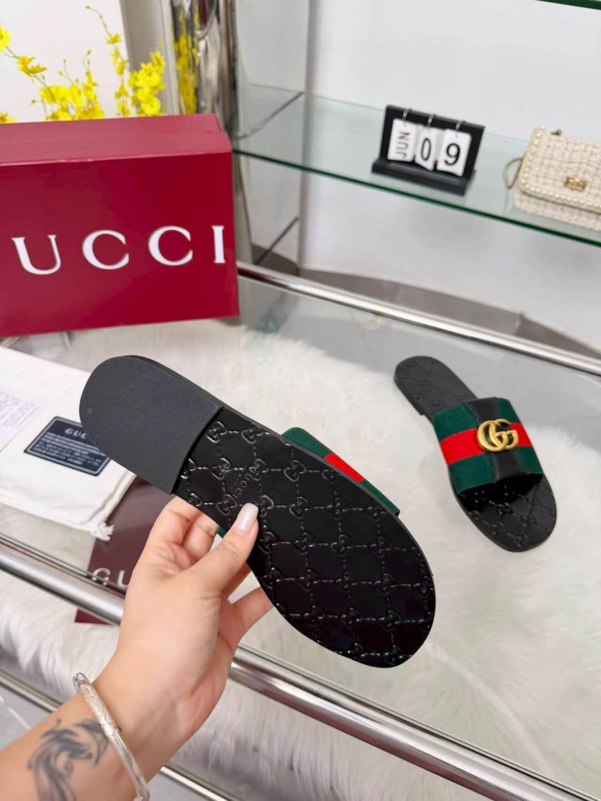 Gucci Black Striped Strap Slide Sandals
