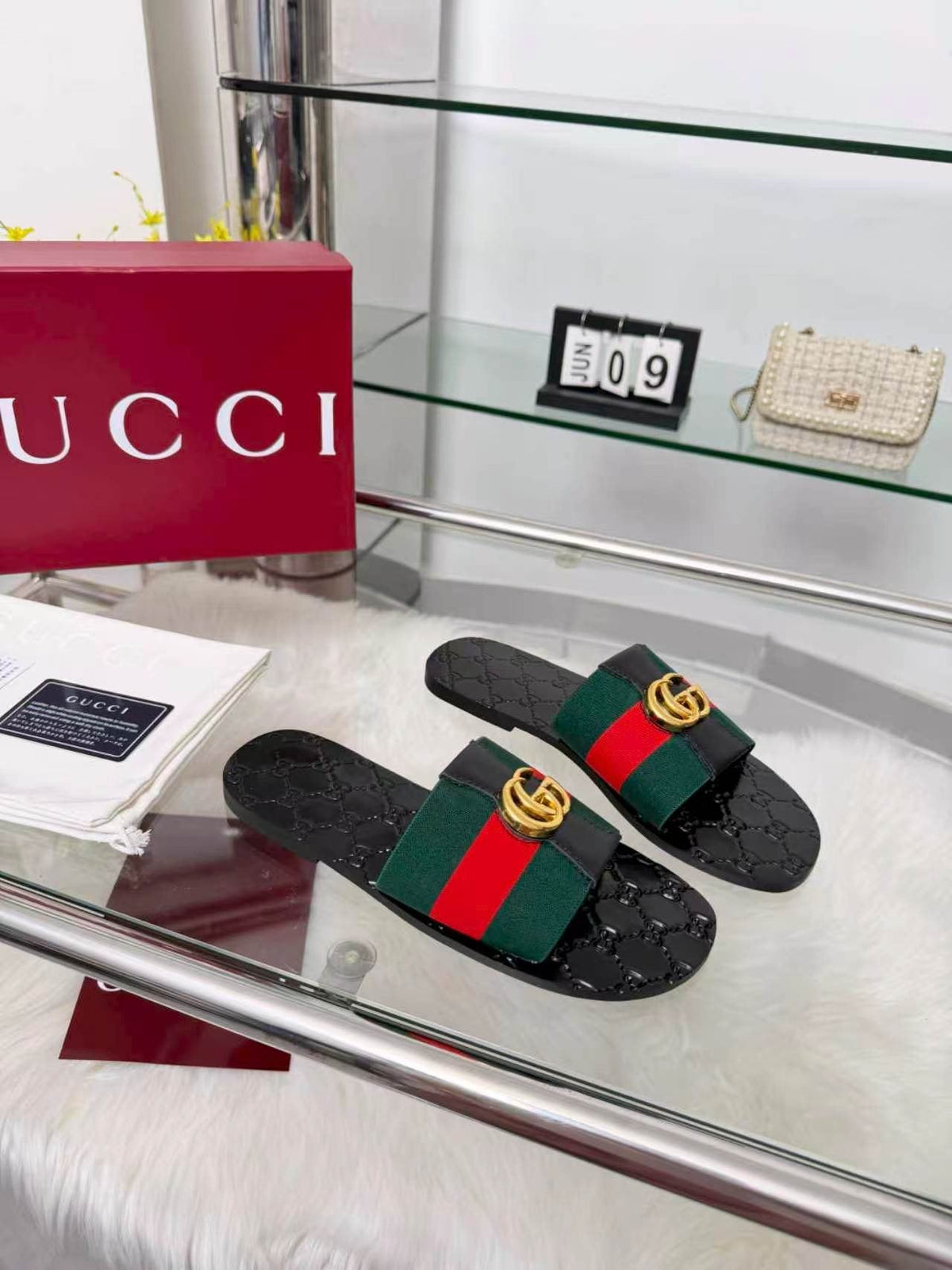 Gucci Black Striped Strap Slide Sandals