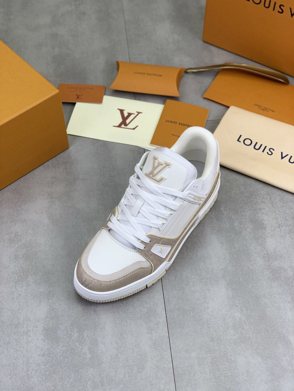 Louis Vuitton White and Beige Low-Top Sneakers