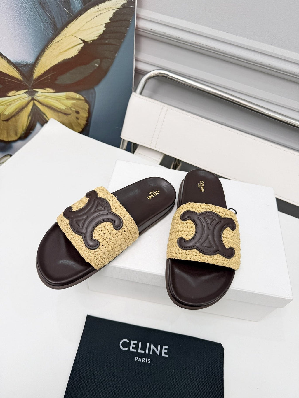 Celine Woven Emblem Slide Sandals