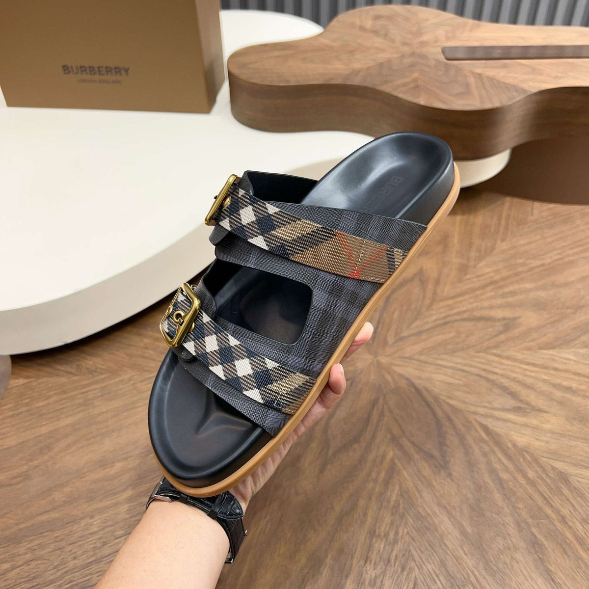 Burberry Plaid Buckle Slide Sandals - Cross Straps