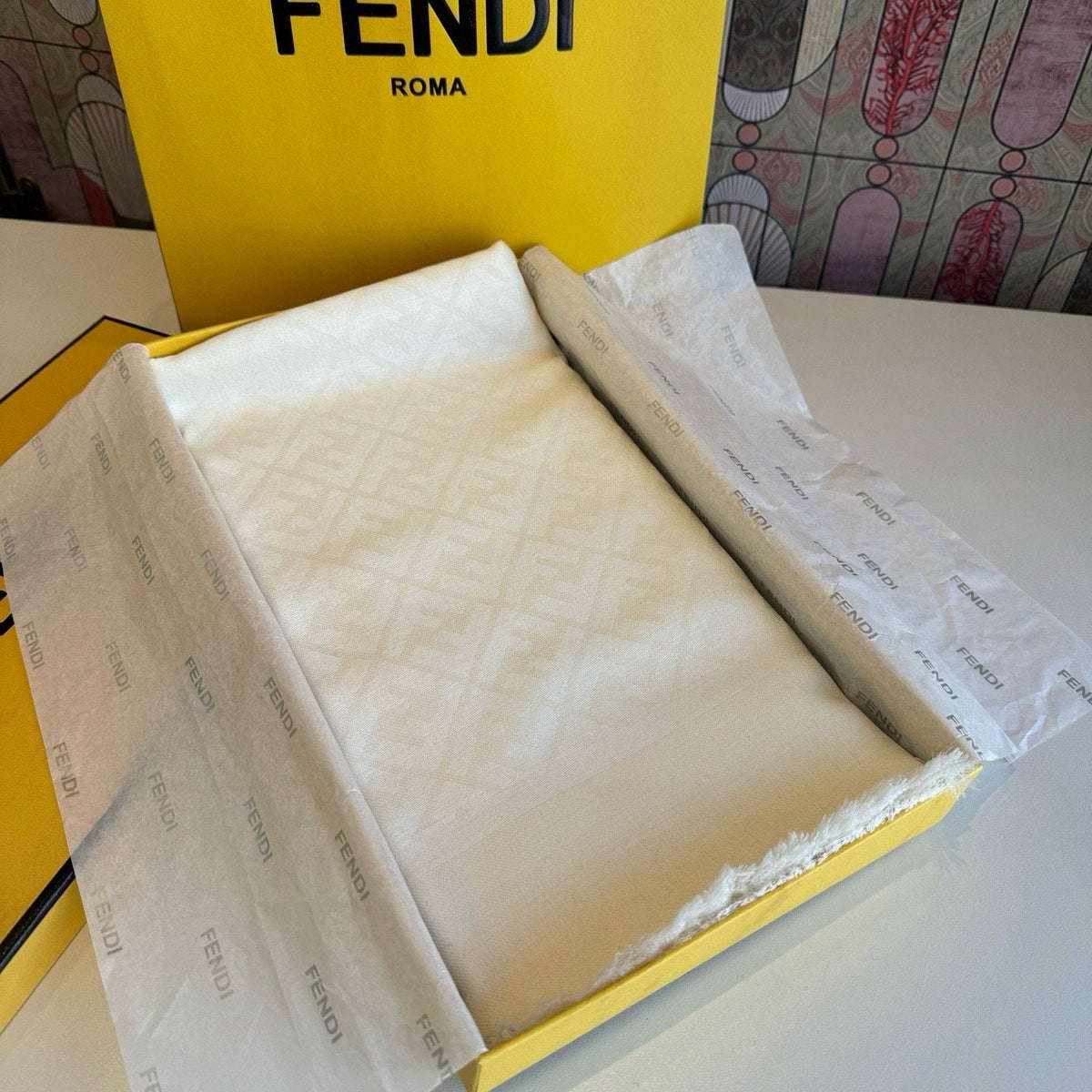 FENDI Fringed Geometric Monogram Scarf