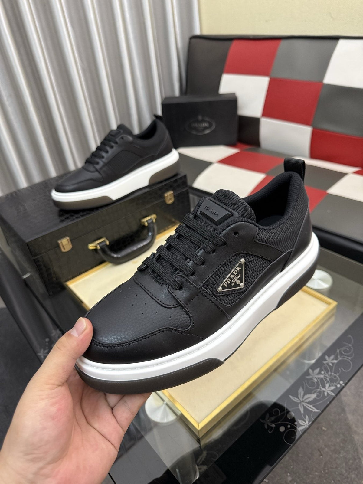 Prada Men's Triangle Plaque Low-Top Sneakers - Padded Collar, Triangular Side Plaque