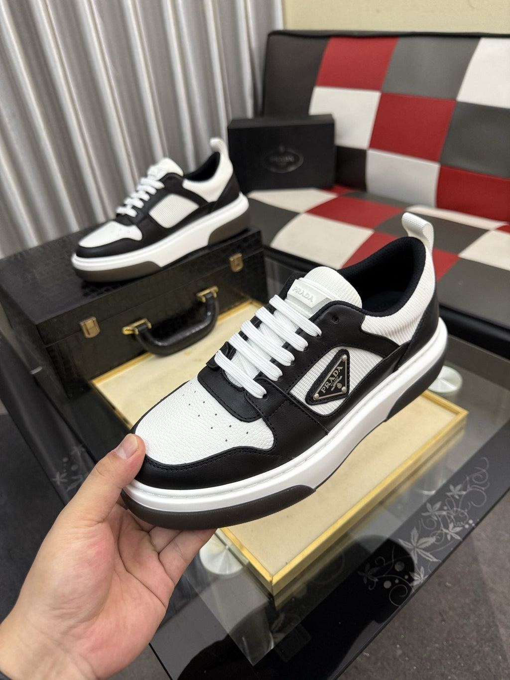 Prada Men's Triangle Plaque Low-Top Sneakers - Padded Collar, Triangular Side Plaque